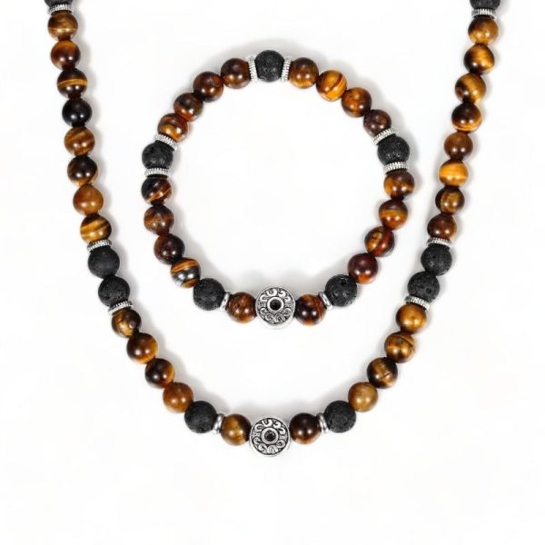 ensemble collier bracelet perles en lave et œil de tigre